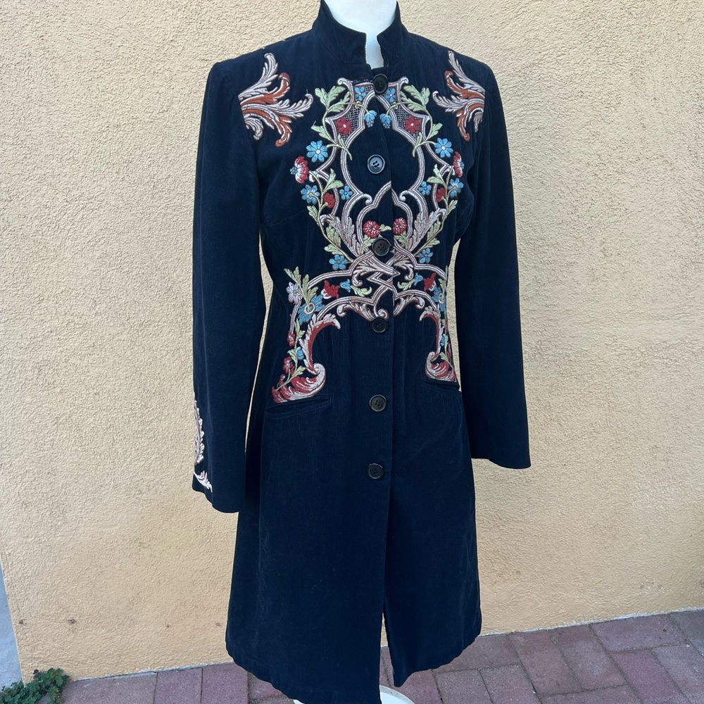 Johnny Was Corduroy Embroidered Navy Blue Long Coat  size S/M - Picture 3 of 12